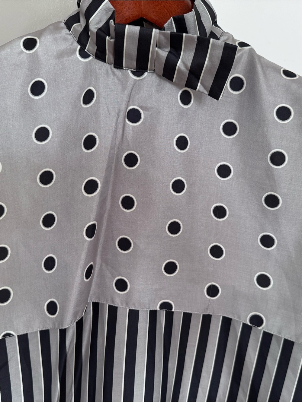 French Vintage Black, Gray, and White Striped & Polka Dot Blouse - Picture 2 of 10